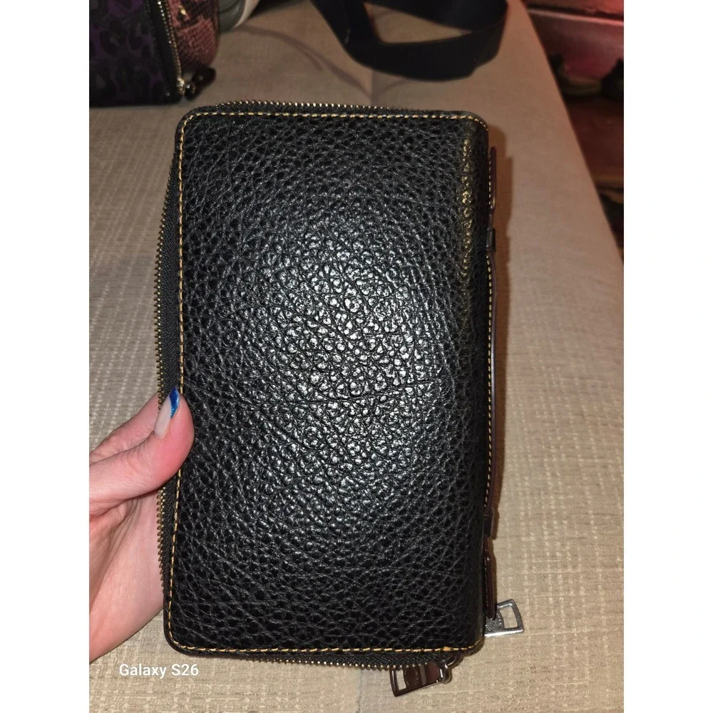 58. Coach F87104 Double Zip Travel Organizer Black Pebble Leather Wallet
